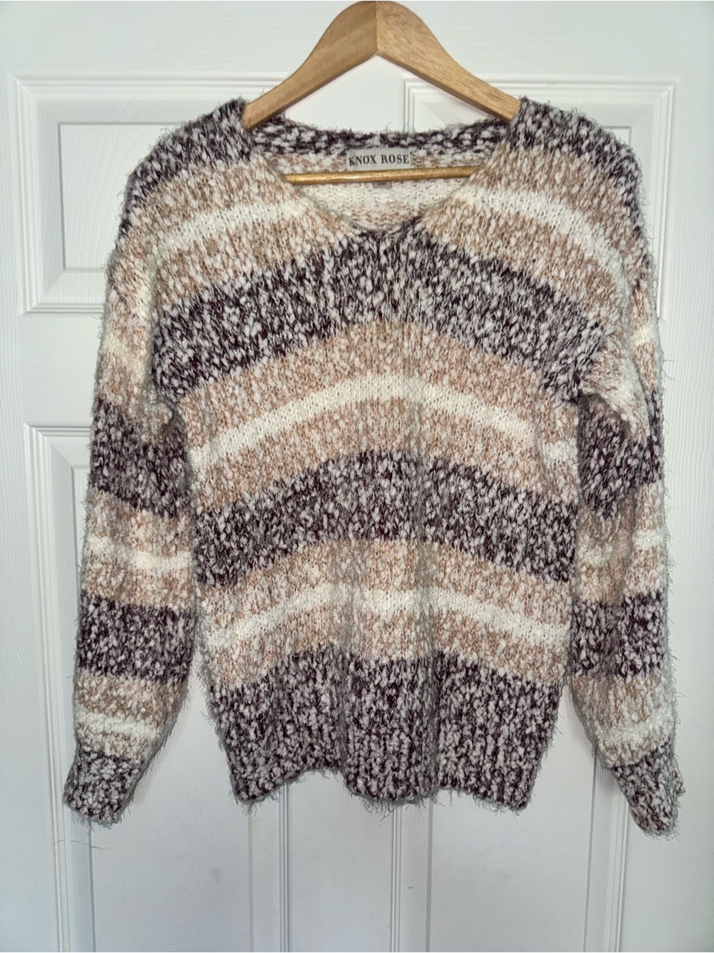 Knox Rose Striped V-Neck Sweater in Cream and Brown